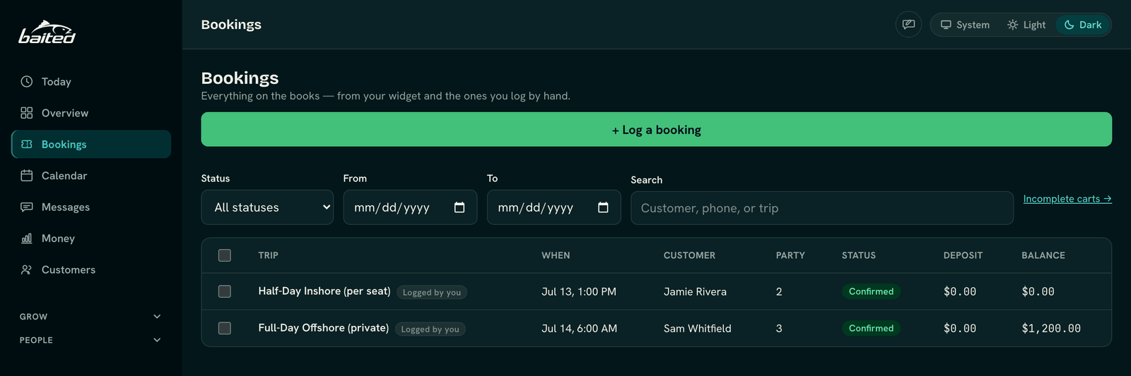 The captain dashboard's Bookings list: two confirmed trips, each showing the customer, party size, deposit, and balance due — the board captains run their day from.