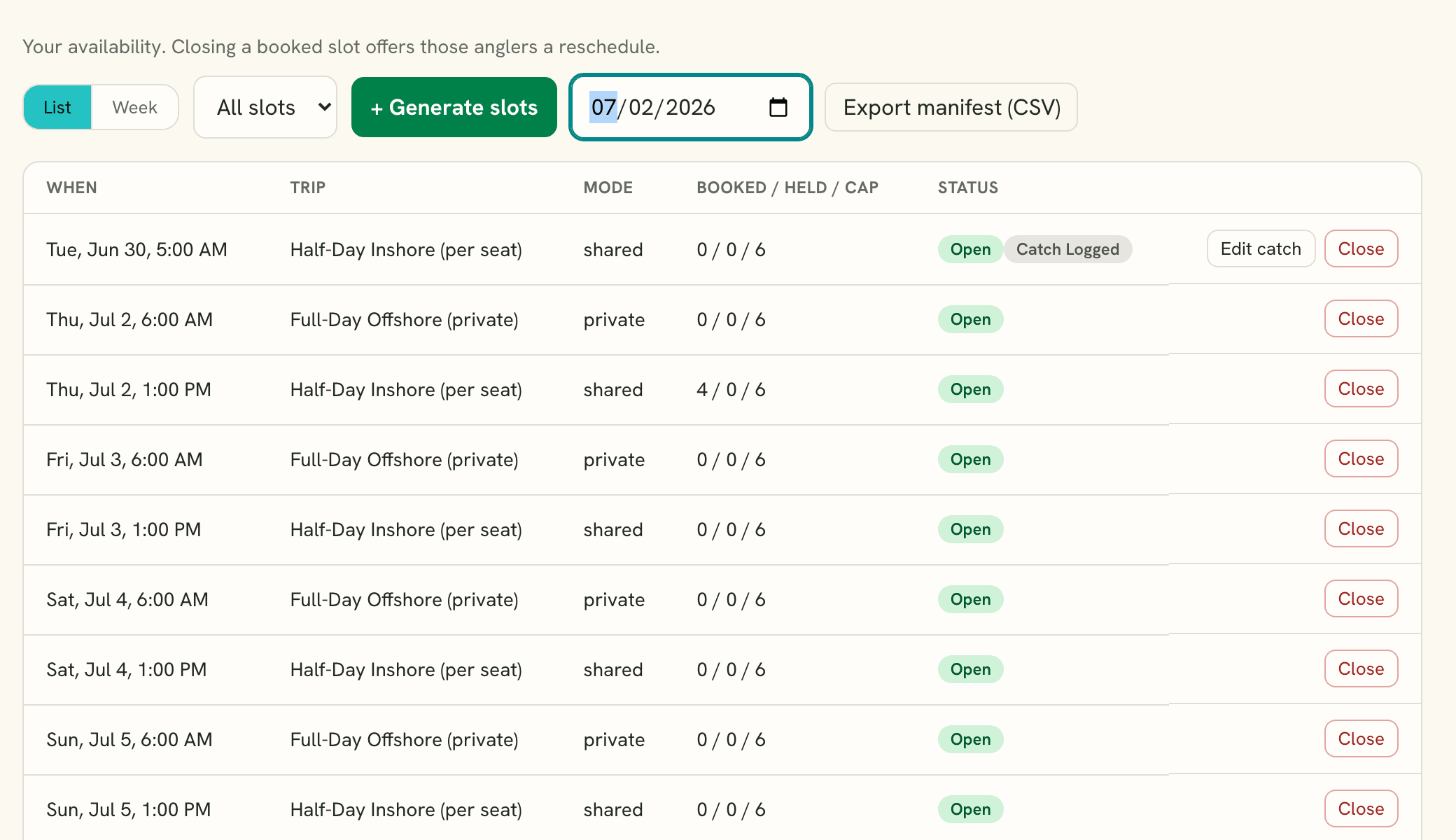 The operator calendar: a date picker set to July 2 next to an Export manifest CSV button, above a slot list with a booked-held-capacity column — one shared trip shows four souls on board.